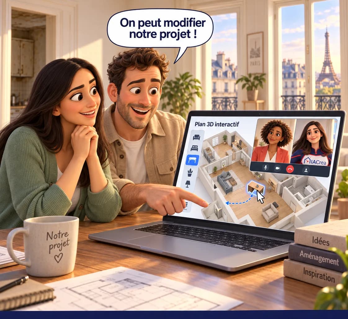 Le couple modifie son projet d'aménagement sur un ordinateur, en visio avec IACrea et leur conseillère